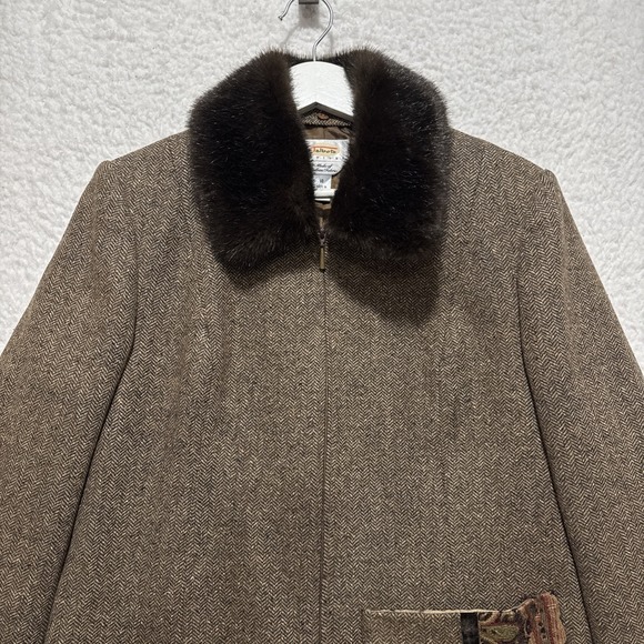 VTG Talbots Jacket Womens 10P Brown Long Sleeve Herringbone Faux Fur Collar RARE - Picture 4 of 14